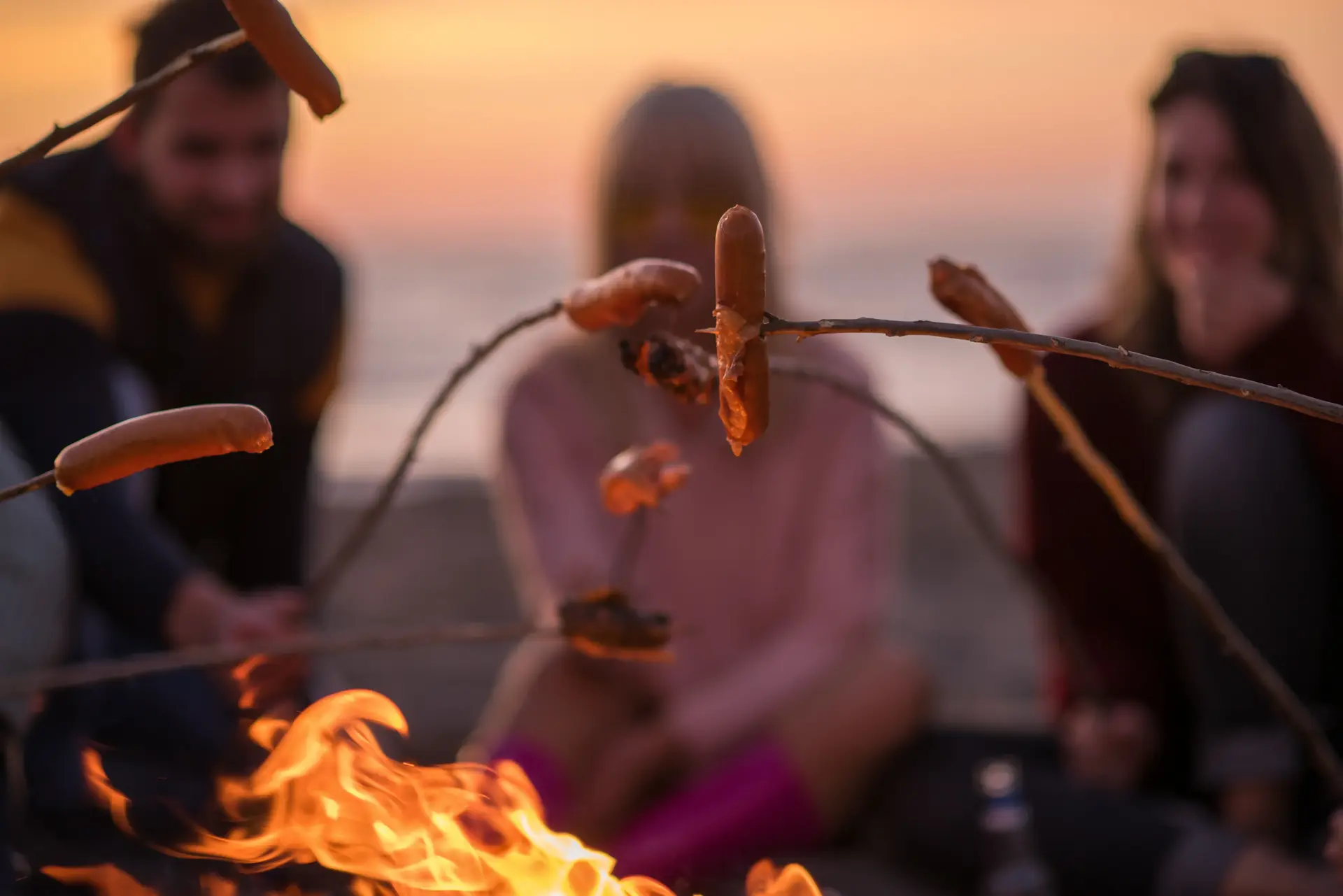 A group of friends roasting hot dogs over a fire